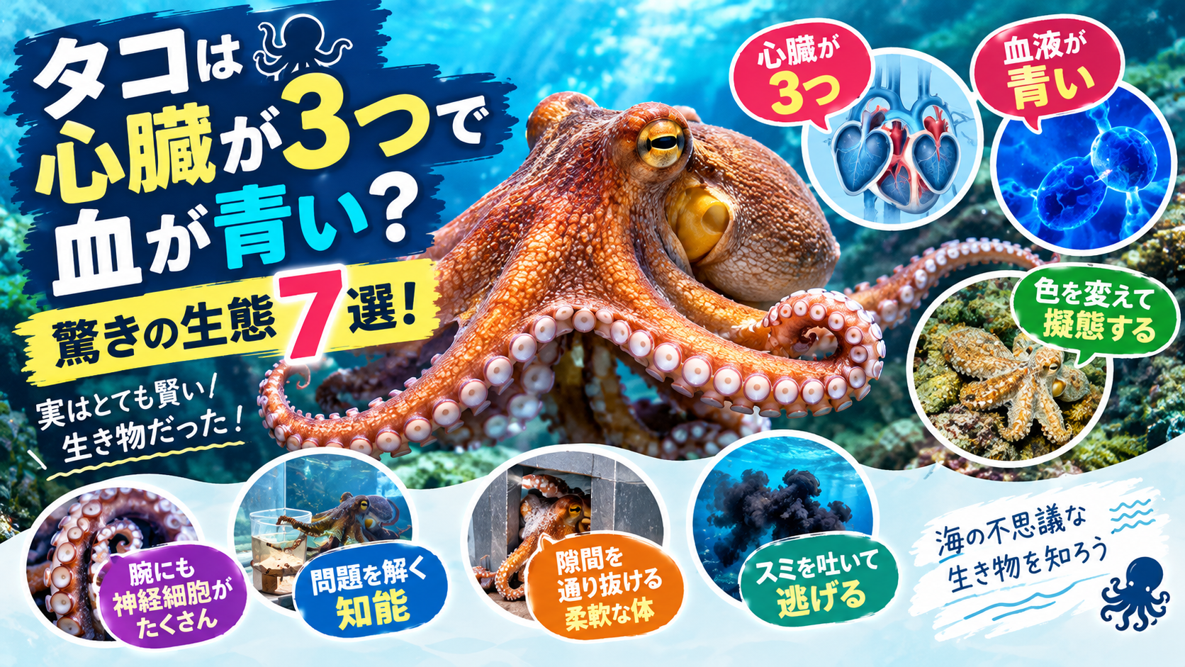 タコは心臓が3つで血が青い？驚きの生態7選！