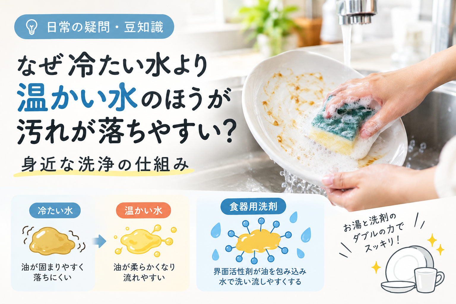 なぜ冷たい水より温かい水のほうが汚れが落ちやすい？身近な洗浄の仕組み